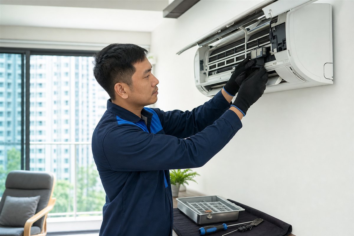 Technician repairing an indoor aircon unit